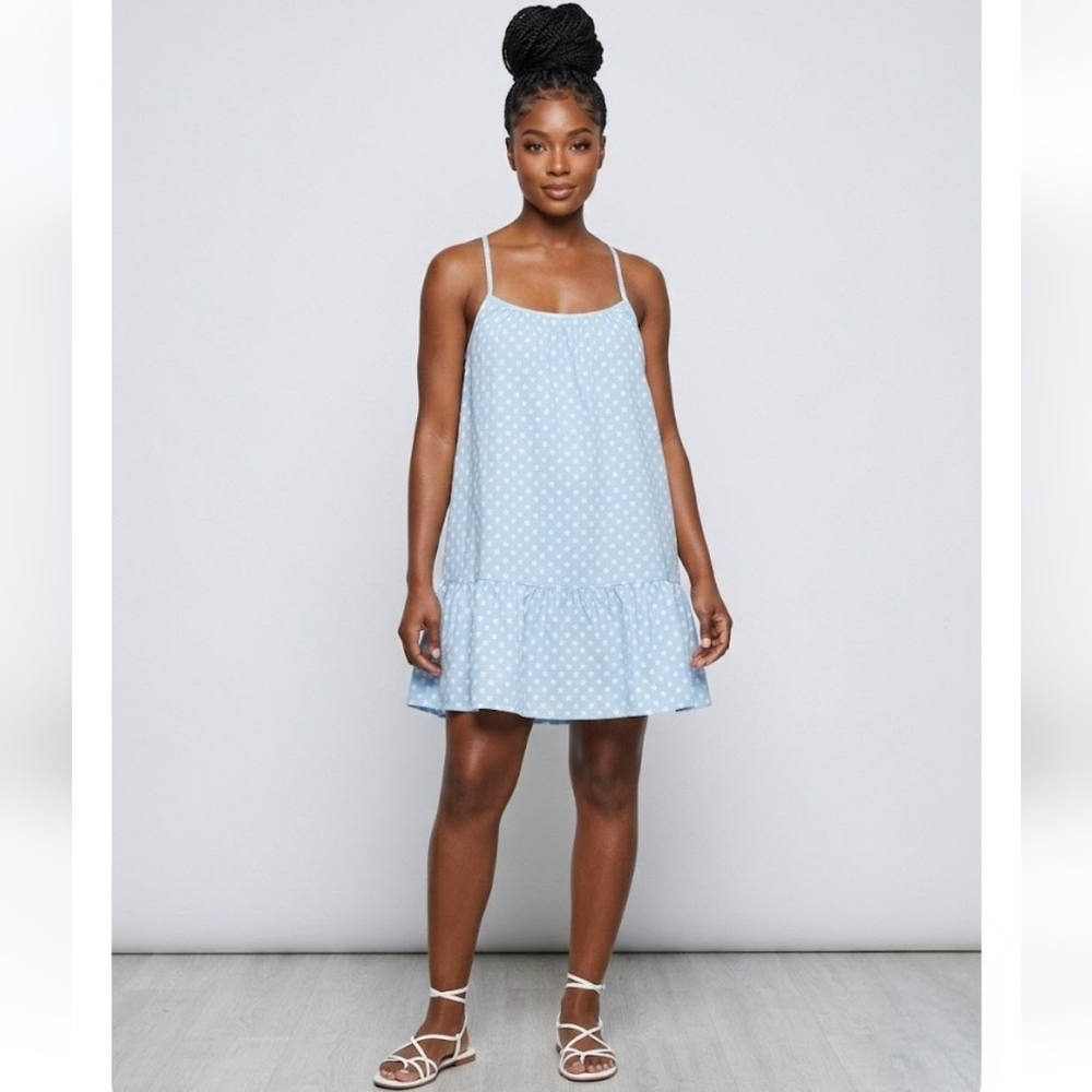 Solai Charming Blue White Floral Embroidered Babydoll Flared Dress